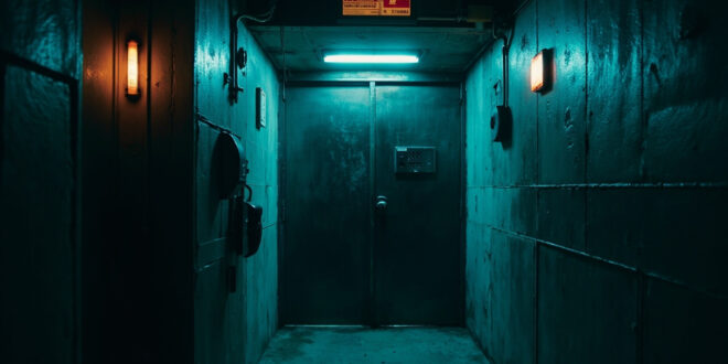 Locked security door with keypad in dimly lit institutional hallway with emergency lighting