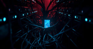 Smartphone glowing against dark server room backdrop with fiber optic cables and warning symbols scattered around