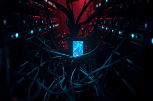 Smartphone glowing against dark server room backdrop with fiber optic cables and warning symbols scattered around