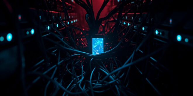 Smartphone glowing against dark server room backdrop with fiber optic cables and warning symbols scattered around