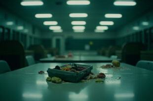 Empty school cafeteria with single lunch box on table under harsh fluorescent lights
