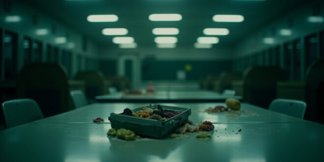 Empty school cafeteria with single lunch box on table under harsh fluorescent lights