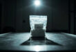 Transparent evidence bag with white powder on bare metal table in stark institutional room under harsh lighting