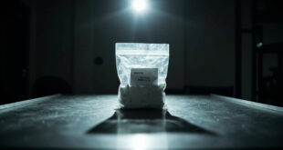 Transparent evidence bag with white powder on bare metal table in stark institutional room under harsh lighting