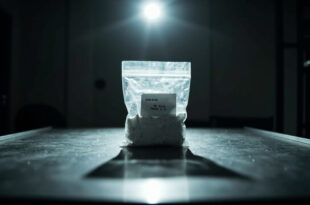 Transparent evidence bag with white powder on bare metal table in stark institutional room under harsh lighting