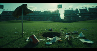 Empty golf course with scattered cups and security barriers after tournament incident