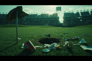 Empty golf course with scattered cups and security barriers after tournament incident