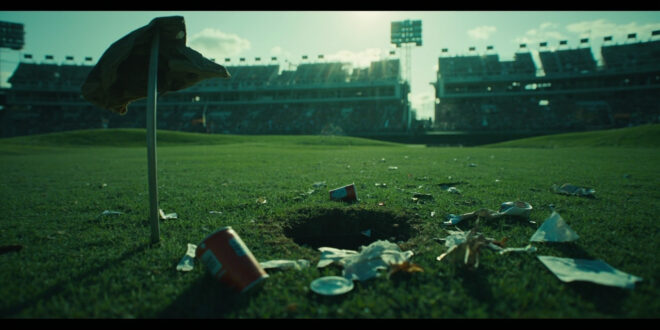 Empty golf course with scattered cups and security barriers after tournament incident