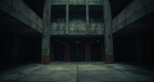 Empty police academy building with closed entrance doors and security barriers in overcast lighting