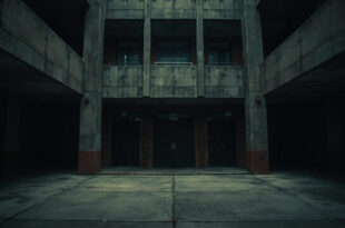 Empty police academy building with closed entrance doors and security barriers in overcast lighting