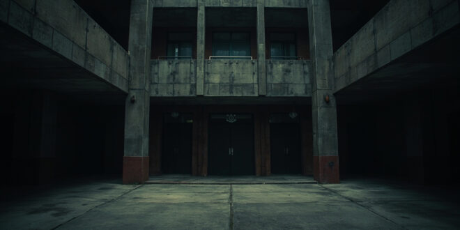 Empty police academy building with closed entrance doors and security barriers in overcast lighting