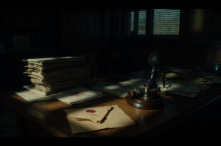 Official documents with stamps and seals lie on a wooden desk beside a broadcast microphone in dim office lighting