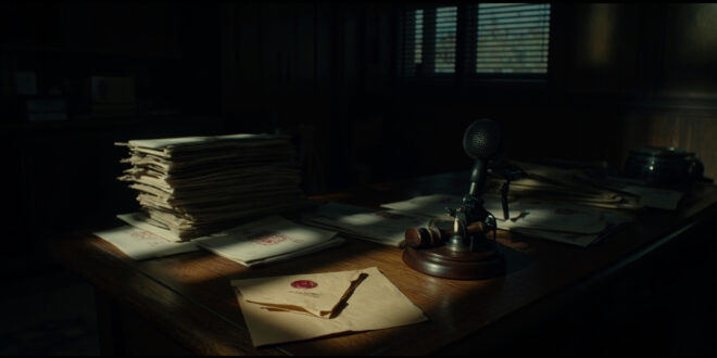 Official documents with stamps and seals lie on a wooden desk beside a broadcast microphone in dim office lighting
