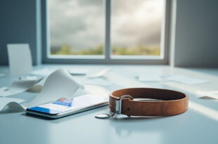 Empty dog collar next to smartphone on table with stormy weather visible through window in background