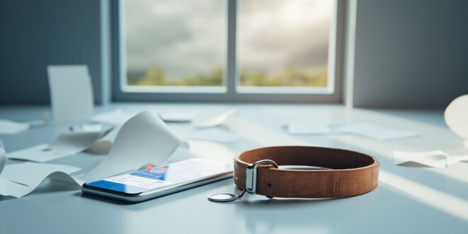 Empty dog collar next to smartphone on table with stormy weather visible through window in background