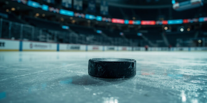 Hockey puck on ice surface in empty championship arena with dramatic lighting