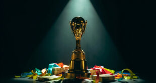 Golden football trophy on pedestal surrounded by euro currency stacks under dramatic spotlight