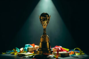 Golden football trophy on pedestal surrounded by euro currency stacks under dramatic spotlight