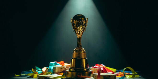 Golden football trophy on pedestal surrounded by euro currency stacks under dramatic spotlight