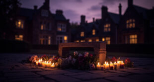 Memorial flowers and candles placed beneath large oak tree on university campus at twilight.