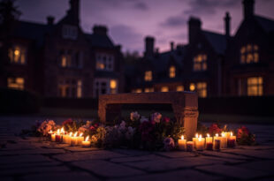 Memorial flowers and candles placed beneath large oak tree on university campus at twilight.