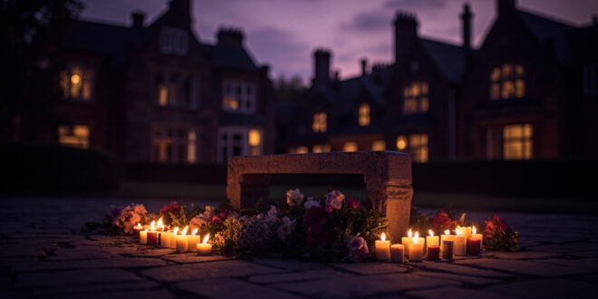 Memorial flowers and candles placed beneath large oak tree on university campus at twilight.