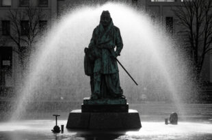 Bronze statue on stone base in city square being cleaned by high-pressure water equipment