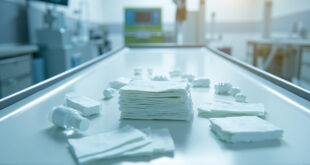 Medical gauze pads, antiseptic bottles and bandages arranged on sterile hospital table under clinical lighting