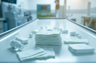 Medical gauze pads, antiseptic bottles and bandages arranged on sterile hospital table under clinical lighting