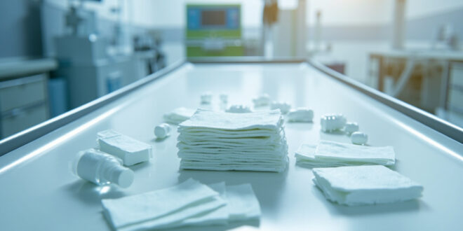 Medical gauze pads, antiseptic bottles and bandages arranged on sterile hospital table under clinical lighting