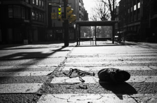 Empty pedestrian crossing with scattered belongings on wet pavement at urban Berlin intersection