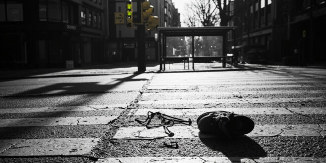 Empty pedestrian crossing with scattered belongings on wet pavement at urban Berlin intersection
