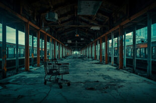 Empty train station platform with debris, cracked concrete, and dim overhead lighting showing urban decay