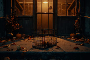 Empty wire pet carrier on shelter doorstep surrounded by autumn leaves and small pumpkins at twilight