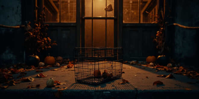 Empty wire pet carrier on shelter doorstep surrounded by autumn leaves and small pumpkins at twilight