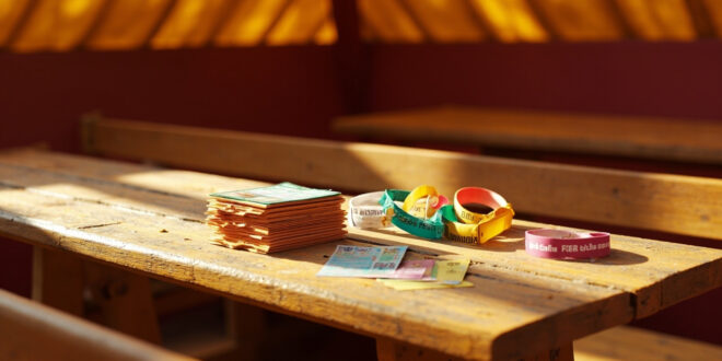 Colorful festival vouchers and admission wristbands scattered on wooden table in empty traditional German beer tent