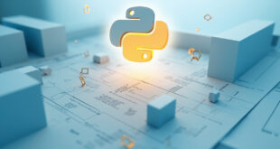 Floating Python logo with geometric web framework symbols in blue and amber lighting
