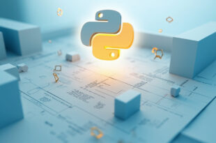 Floating Python logo with geometric web framework symbols in blue and amber lighting