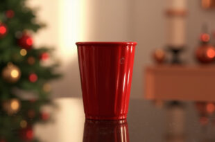 A single red reusable coffee cup on dark surface with soft holiday bokeh in background