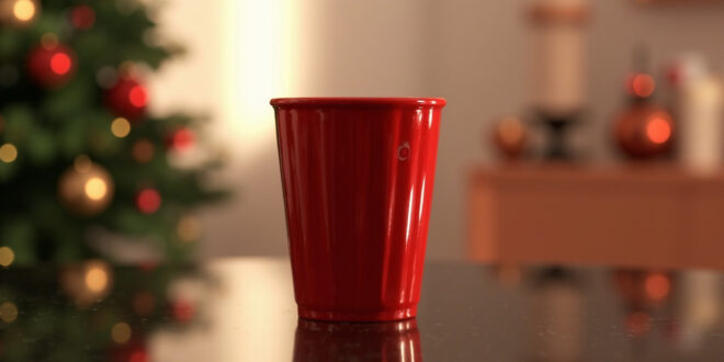 A single red reusable coffee cup on dark surface with soft holiday bokeh in background