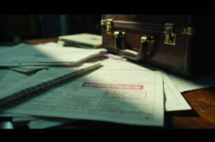 Stamped document papers and closed briefcase on polished wooden desk with red accent marks in dramatic lighting