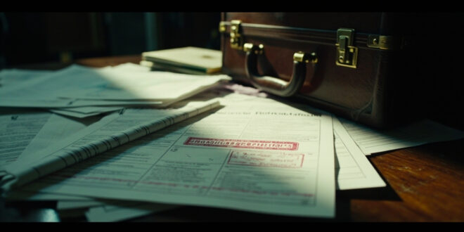 Stamped document papers and closed briefcase on polished wooden desk with red accent marks in dramatic lighting