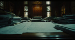 Official documents and licensing forms scattered on polished wooden desk with ornate government doors in background
