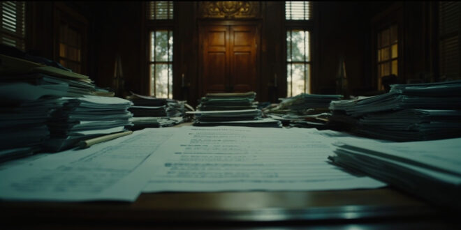 Official documents and licensing forms scattered on polished wooden desk with ornate government doors in background