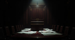 Empty government briefing room with podium, scattered papers, and closed doors in moody lighting.