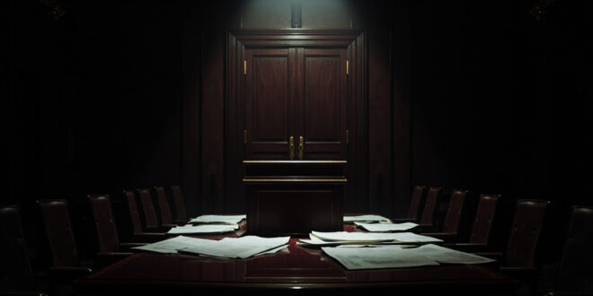 Empty government briefing room with podium, scattered papers, and closed doors in moody lighting.