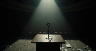 Empty conference podium with microphone under dramatic lighting, British flags visible in background shadows