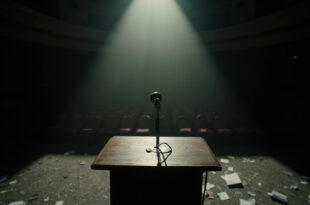 Empty conference podium with microphone under dramatic lighting, British flags visible in background shadows