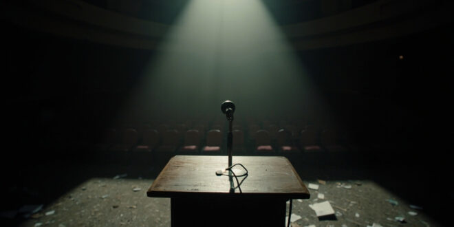 Empty conference podium with microphone under dramatic lighting, British flags visible in background shadows