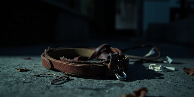 Leather dog collar and leash abandoned on concrete pavement below residential building balcony